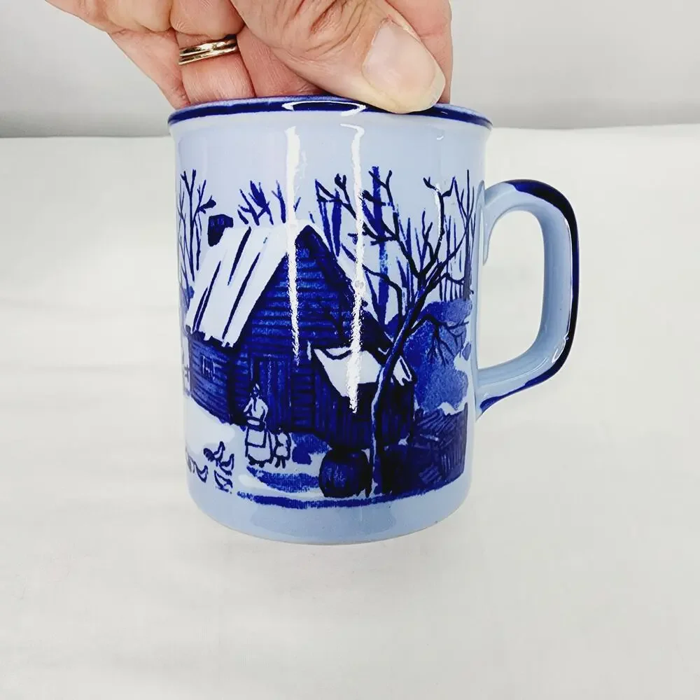 Vintage Japan Otagiri Mug Blue Cabin Scene Stoneware Rustic Coffee Mug